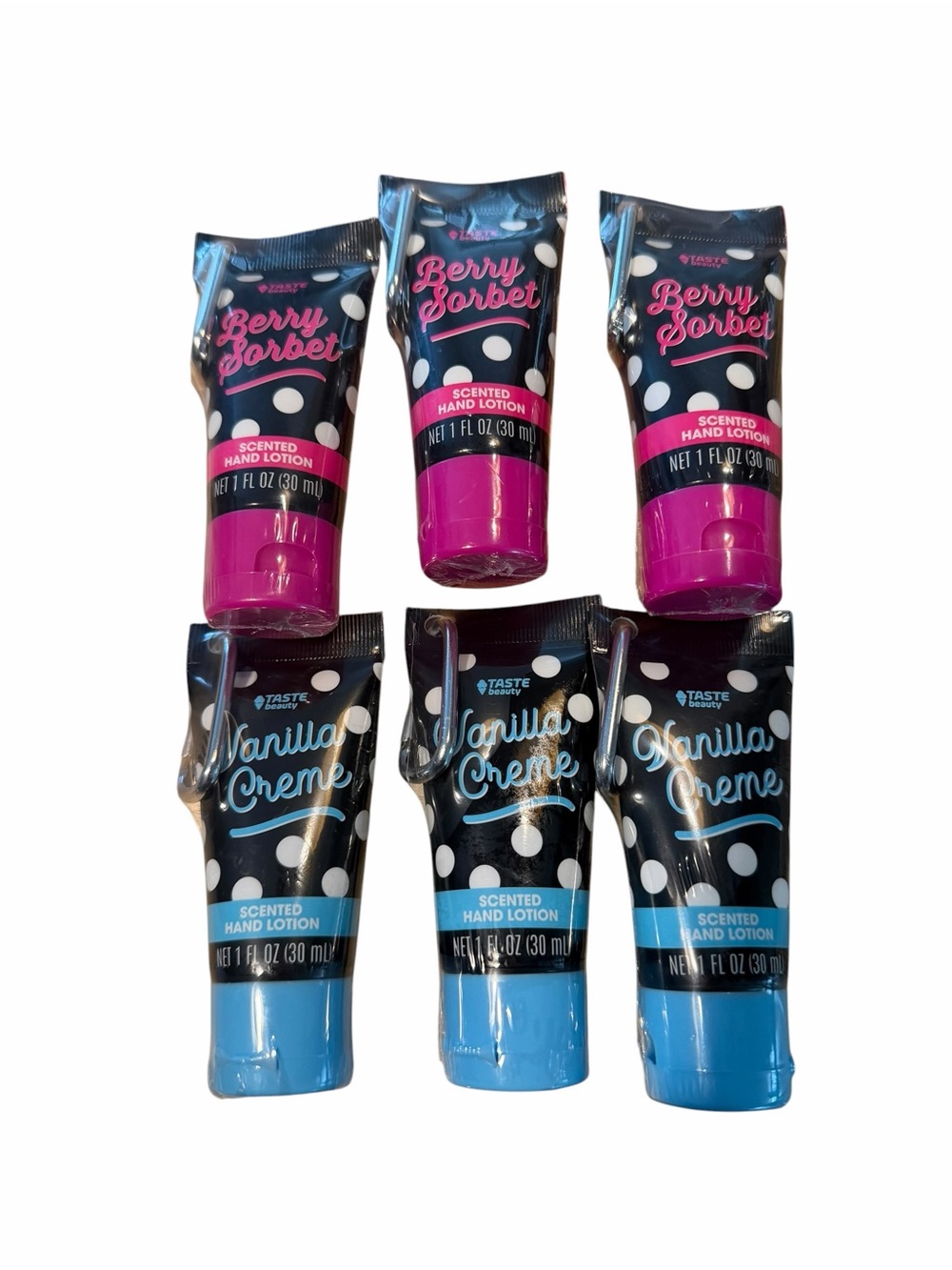 3x Berry Sorbet & 3x Vanilla Crème Scented Hand Lotion - Pink & Blue with hook